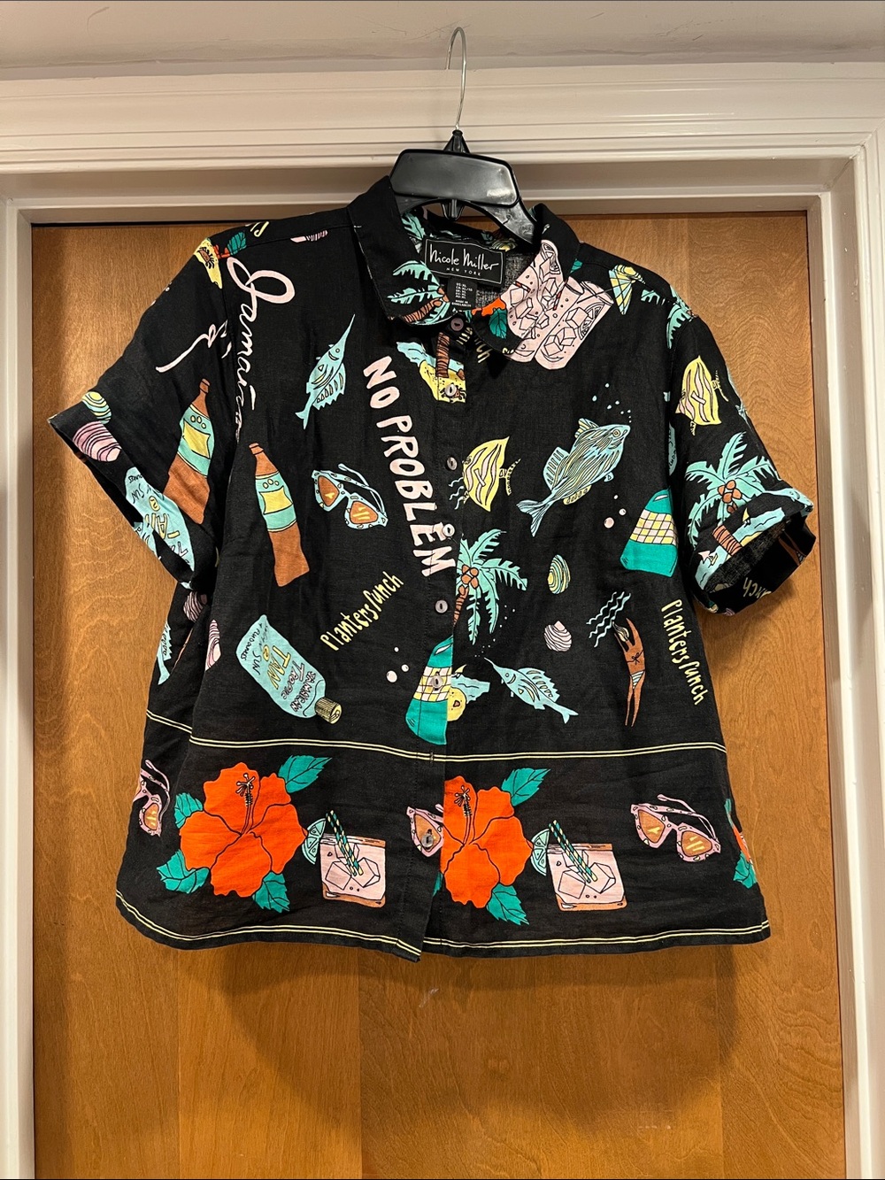 Nicole Miller Black Tropical Print Button-Up Shirt with Bright Florals
